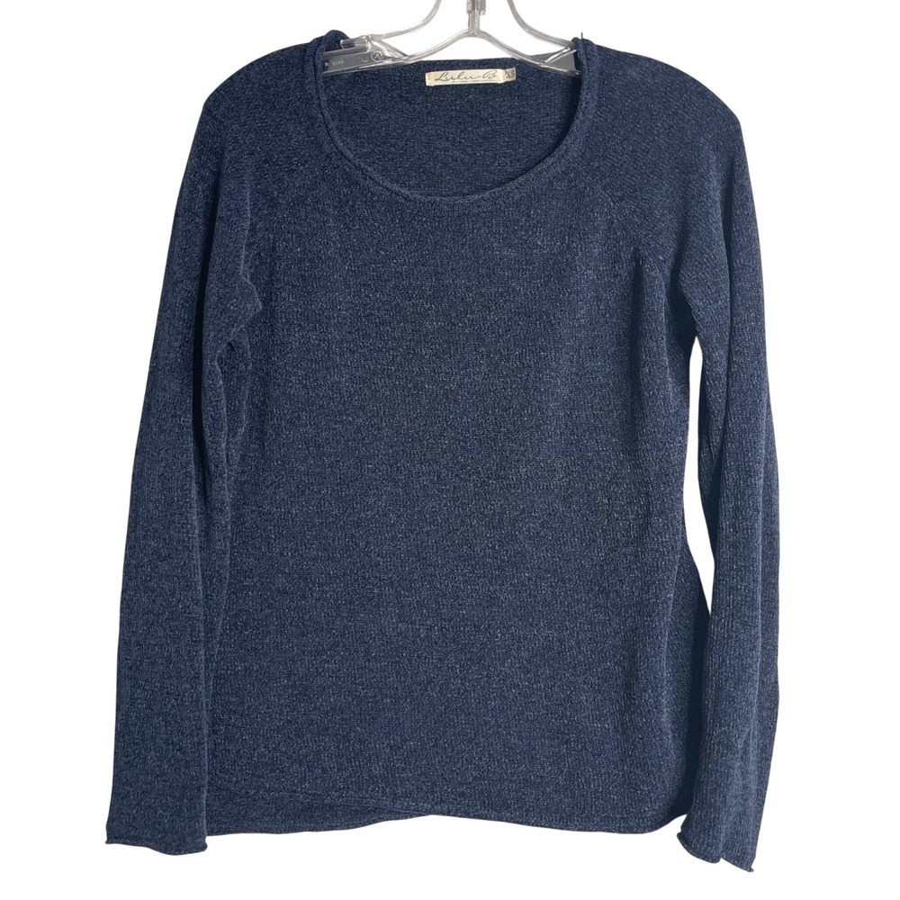 Lulu B Chenille Sweater Womens XS Navy Blue Roll‎ Crewneck Knit Preppy Boho